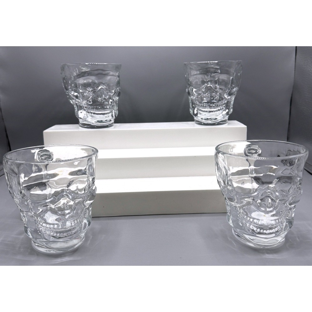 Luminarc DeLeon Tequila Skull Mugs Clear Glass Barware Set of 4 NEW